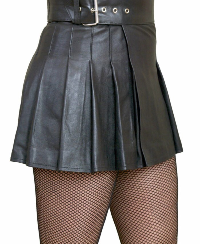 Women's Lambskin 100% Pure Leather Mini Skirt Stylish Pleated Belted Black Skirt