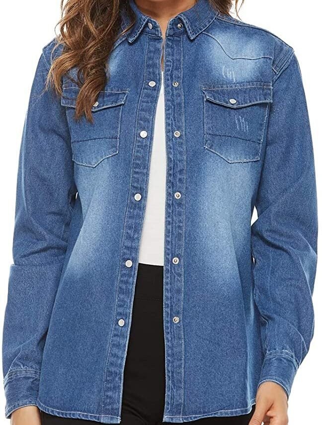 Women's Long Sleeve Double Pocket Slim-fit Jean Denim Shirt