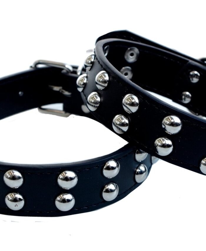 Dog Collar Black Leather Mushroom Flat Studs S M 3cm - Pet Rivet Staffy