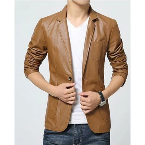 Brown Leather Blazer Coat For Men In Faux