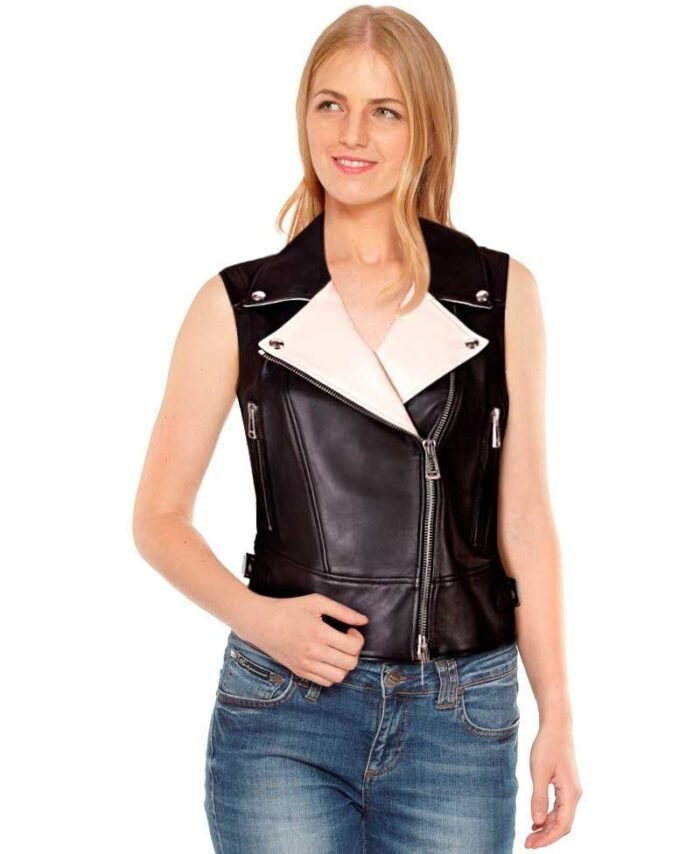 WOMENS BLACK LEATHER VEST WITH NOTCH COLLAR