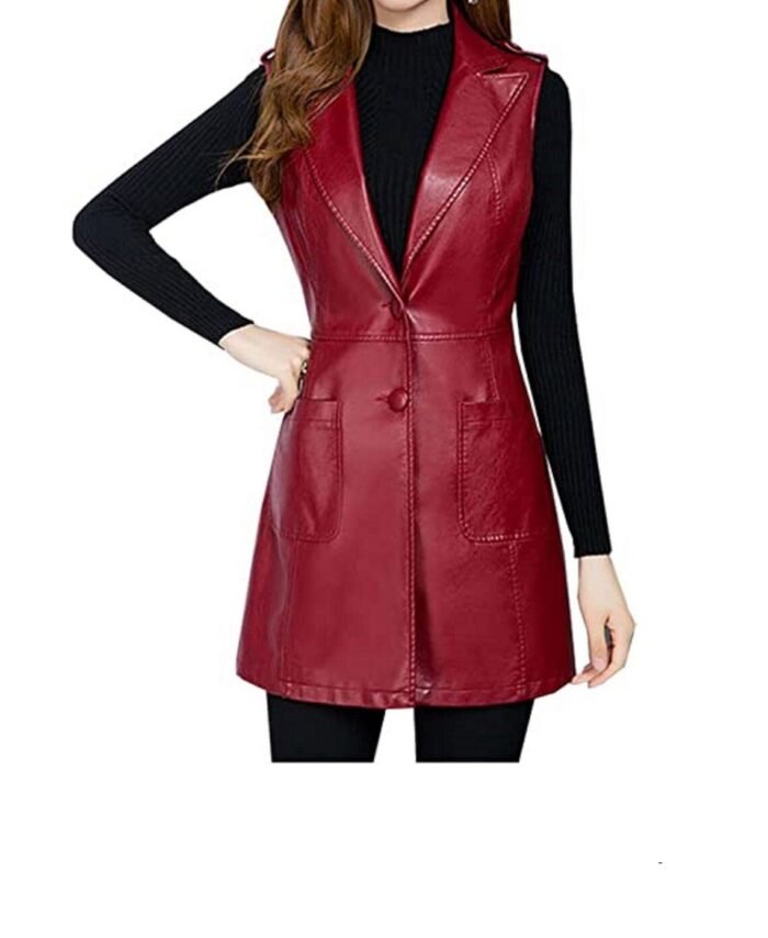 Women Red Leather Sleeveless Blazer Vest