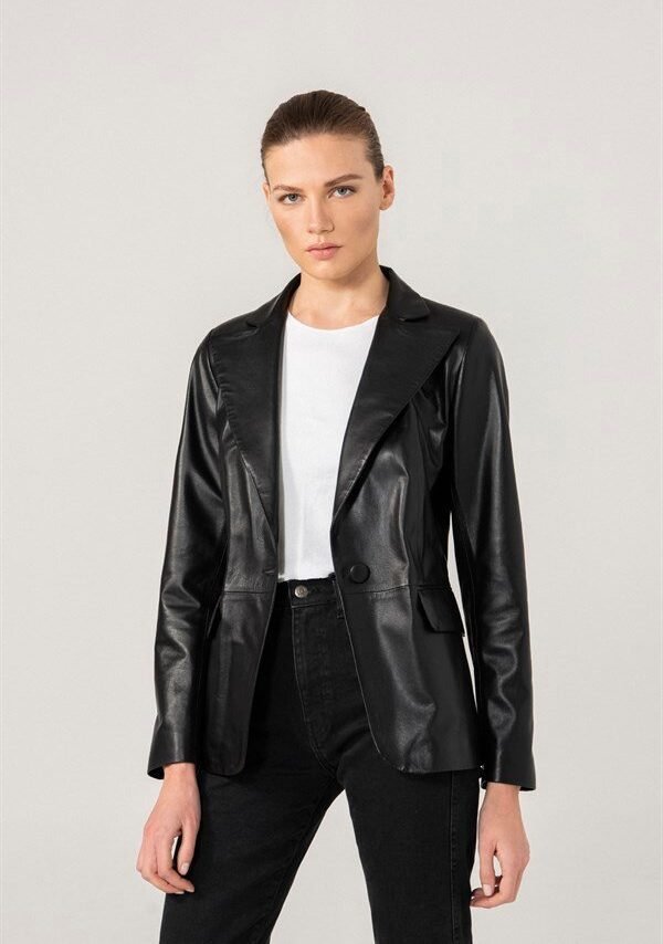 Women Single Button Black Leather Blazer Jacket