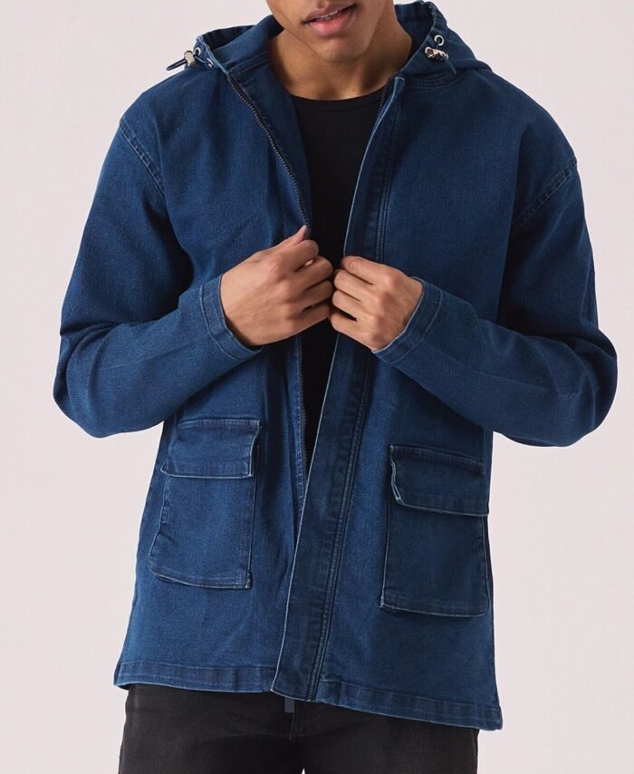Mens Jacket Blue Denim Hooded Cotton Zip Up Long Sleeve Coat All Sizes