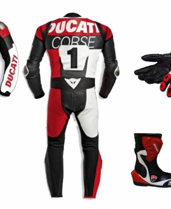 DUCATI CORSE MOTORCYCLE MOTORBIKE LEATHER RACING SUIT & Gloves & Shoes ALL SIZE