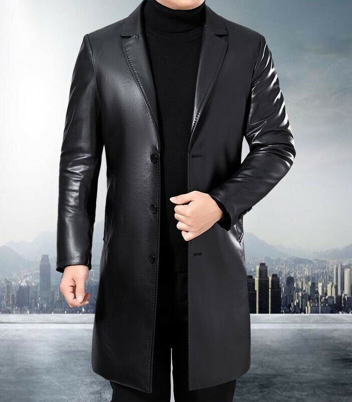 Men Leather Black Trench Coat Real Lambskin Leather Slim Fit Causal Overcoat