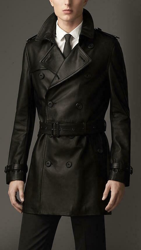 Men's Genuine Lambskin Leather Trench Long Coat Stylish Belted Black Jacket
