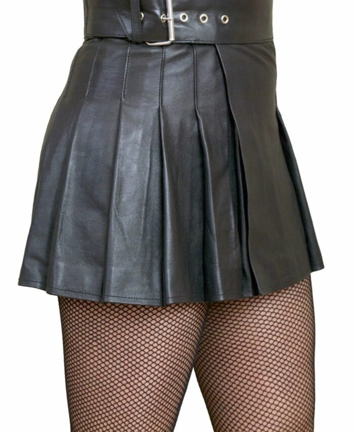 Women's Lambskin 100% Pure Leather Mini Skirt Stylish Pleated Belted Black Skirt