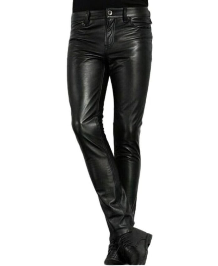 Men's Real Leather Black Pants with Zipper Sheep/Lambskin Leather Trouser