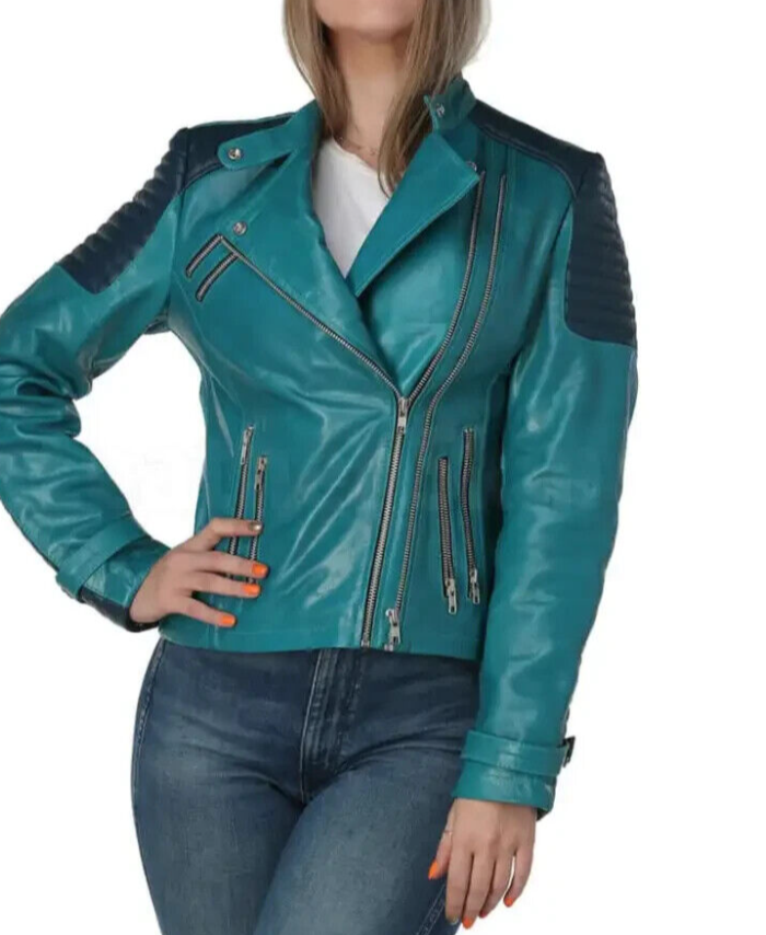 Women’s Fashion Teal Blue Sheepskin Leather Jacket