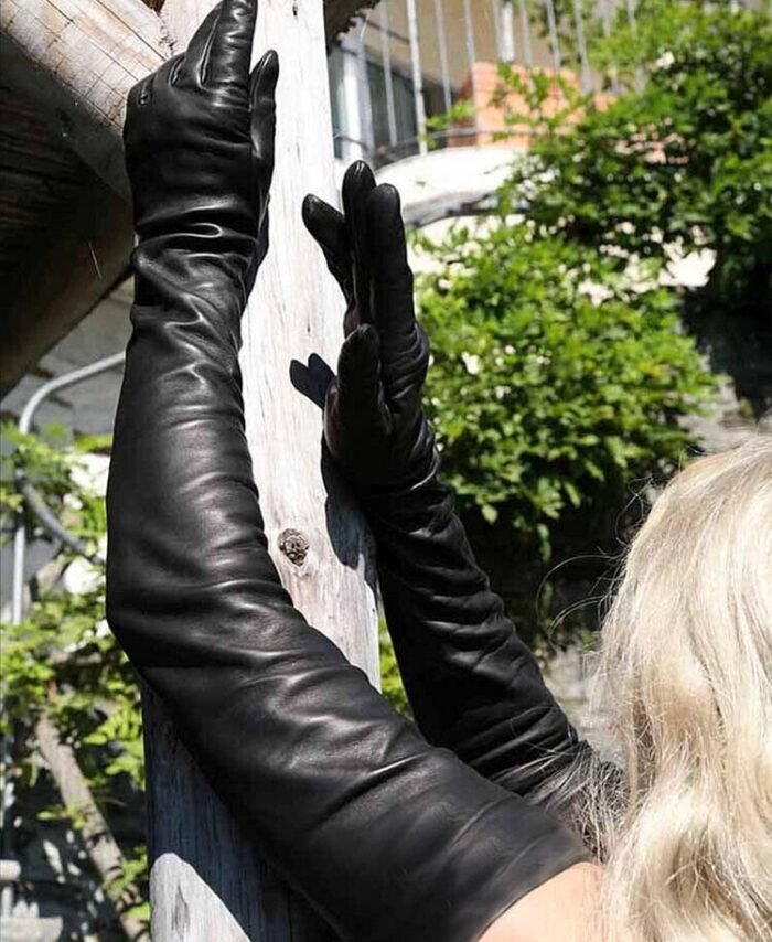 Women Touch Screen Real lambskin Sheep Leather Shoulder Party Long Gloves Black