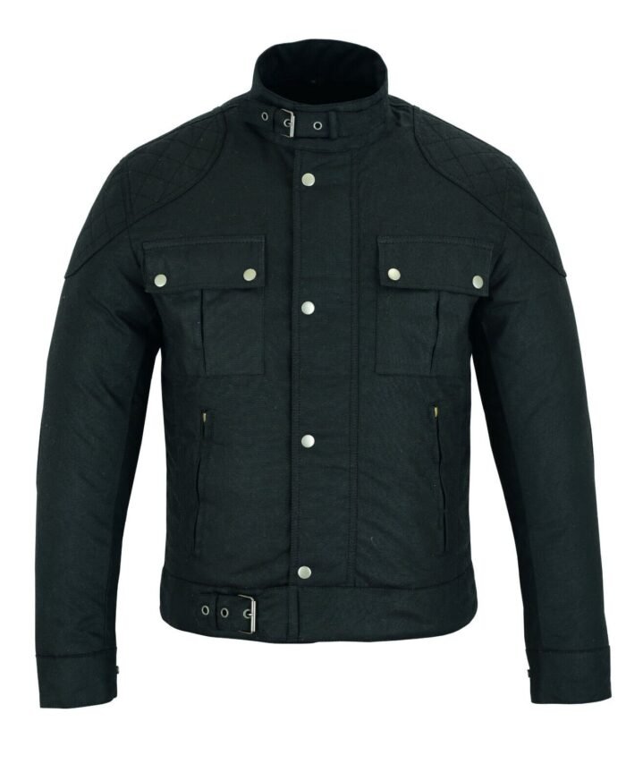 Moto Classic Black Waxed Cotton Motorcycle Jacket Textile Biker Waterproof Fabri