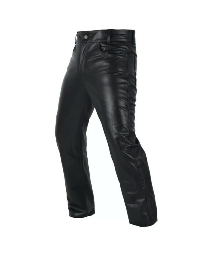 Mens Biker Jeans Real Black Cow Leather Sleek And Sexy 501 Style Pants