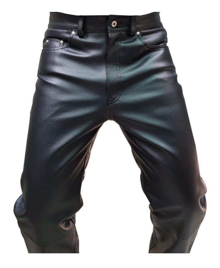 Mens Biker Jeans Real Black Cow Leather Sleek And Sexy 501 Style Pants Trouser
