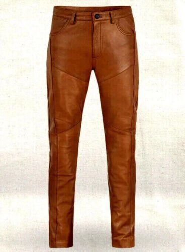 Men's Real Leather Pant Vintage Leather Trouser Distressed Brown/Tan Jeans