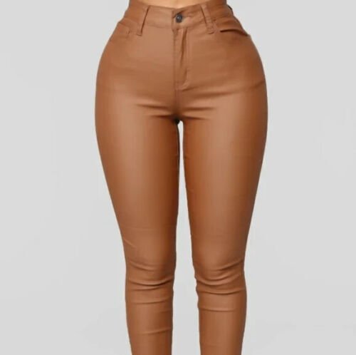 Fashion Nova Double Dare Faux Leather Camel Pants,