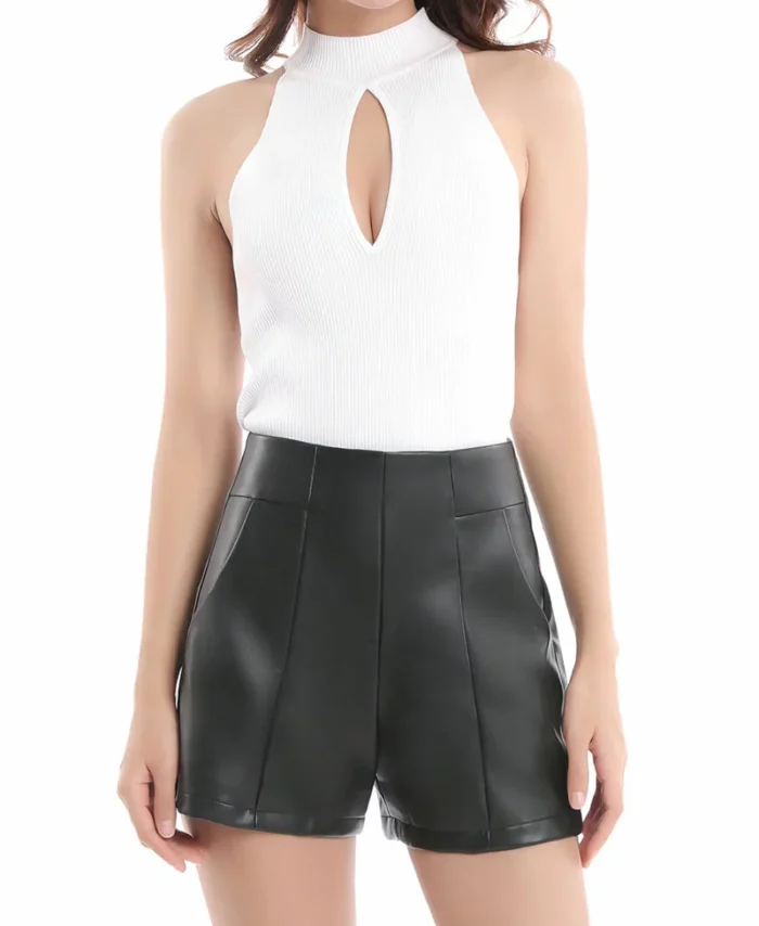 Womens High Waisted Faux Leather Shorts with Pockets Wide Leg Shorts